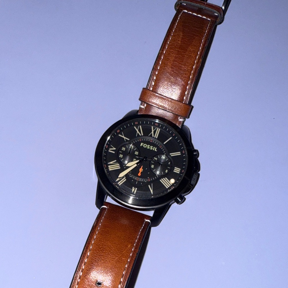 Fossil Men's Black Dial Watch with Brown Leather Strap